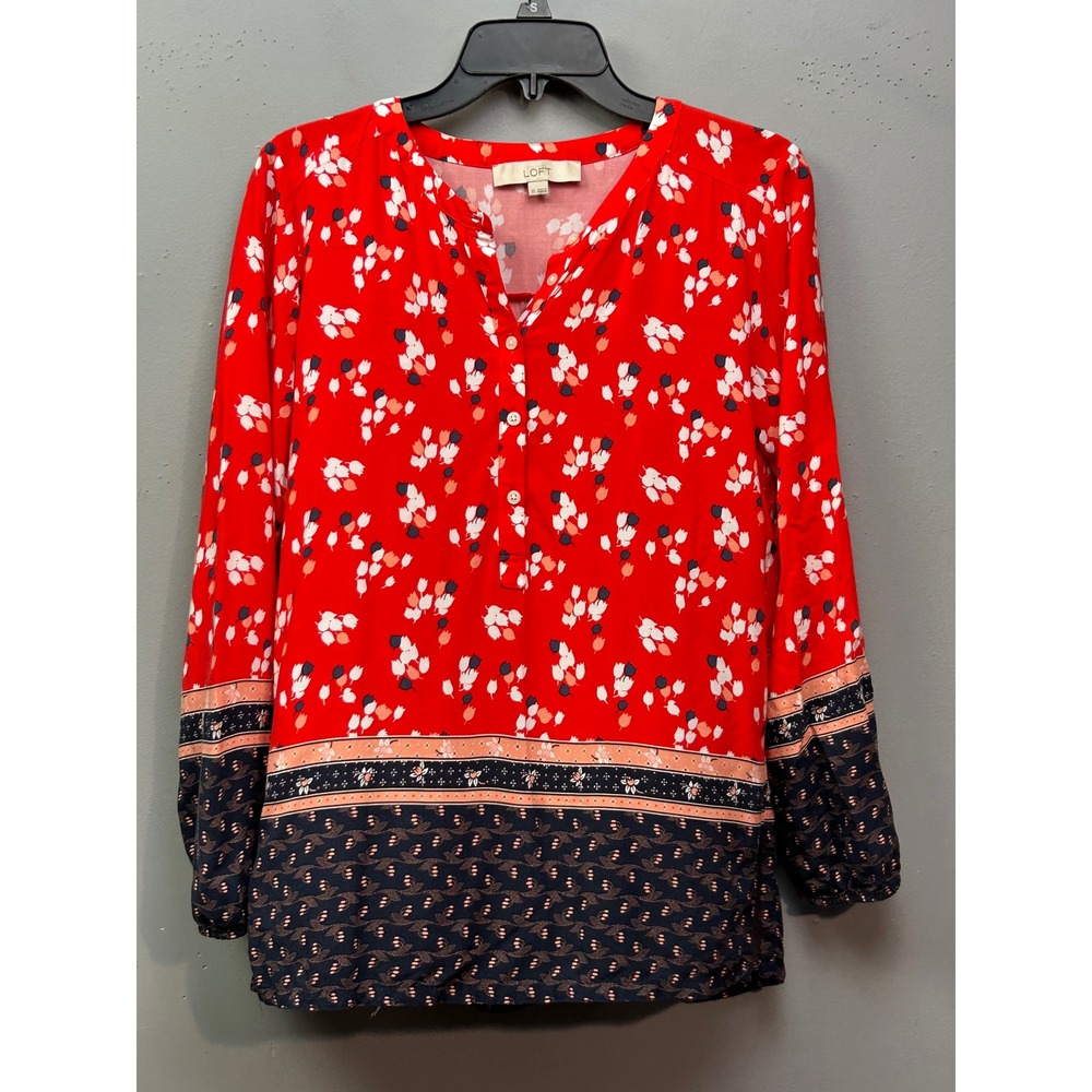 LOFT Blouse Womens‎ XS Red Floral Mixed Border Print Split Neck Long Sleeve Top